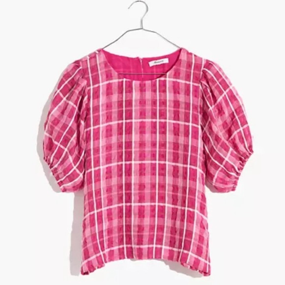 MADEWELL Women's Pink Short Sleeve Plaid Blouse Top Size Small - Picture 2 of 10